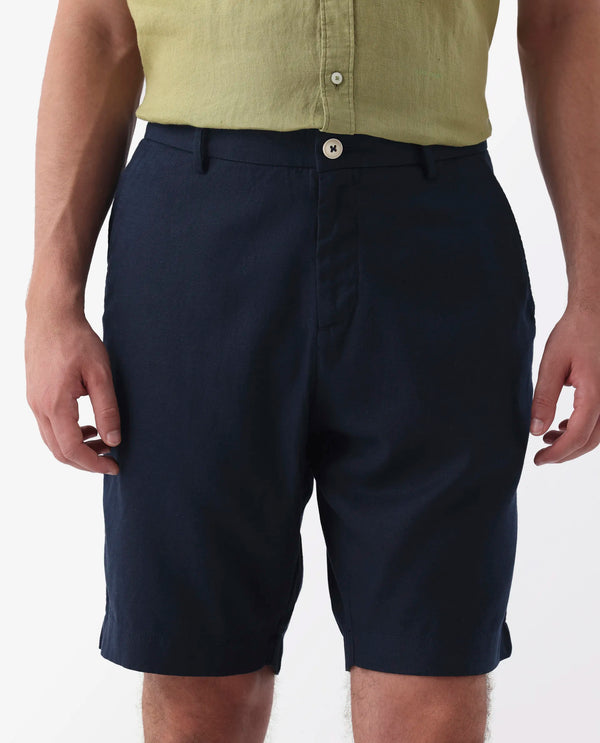 Rare Rabbit Men's Edam Navy Lyocell Cotton Linen Fabric Knee Length Relaxed Fit Solid Shorts