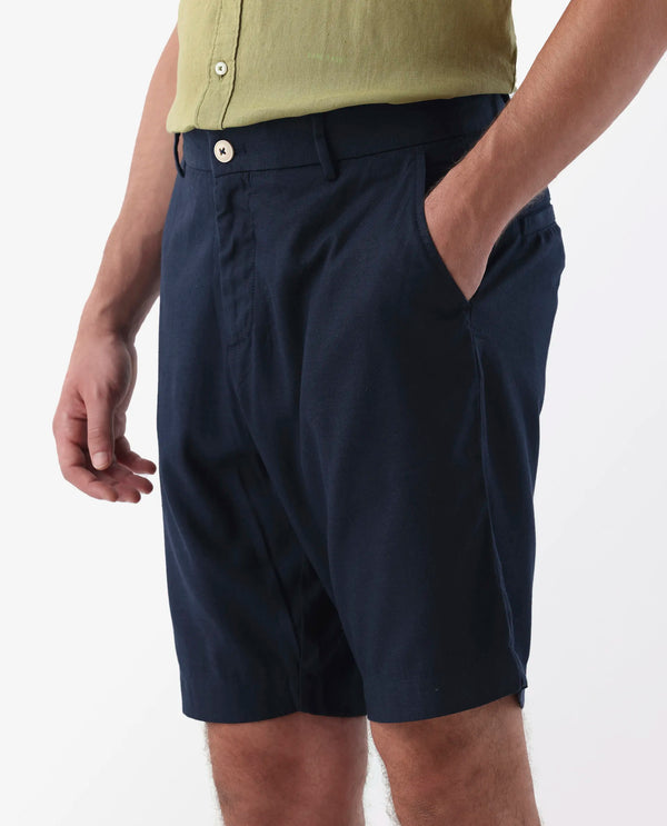 Rare Rabbit Men's Edam Navy Lyocell Cotton Linen Fabric Knee Length Relaxed Fit Solid Shorts
