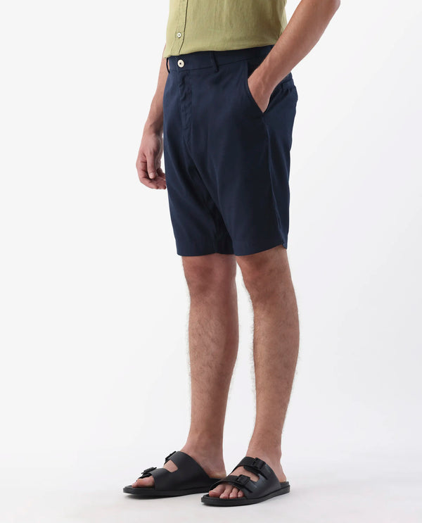 Rare Rabbit Men's Edam Navy Lyocell Cotton Linen Fabric Knee Length Relaxed Fit Solid Shorts