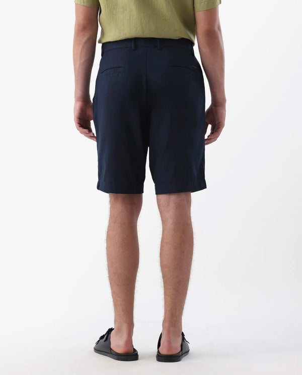 Rare Rabbit Men's Edam Navy Lyocell Cotton Linen Fabric Knee Length Relaxed Fit Solid Shorts
