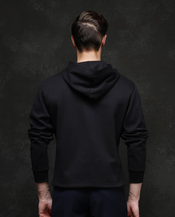 Rare Rabbit Men Eddy Black Cotton Blend Fabric Full Sleeve Crew Neck Gemstone Art Hooded Sweatshirt