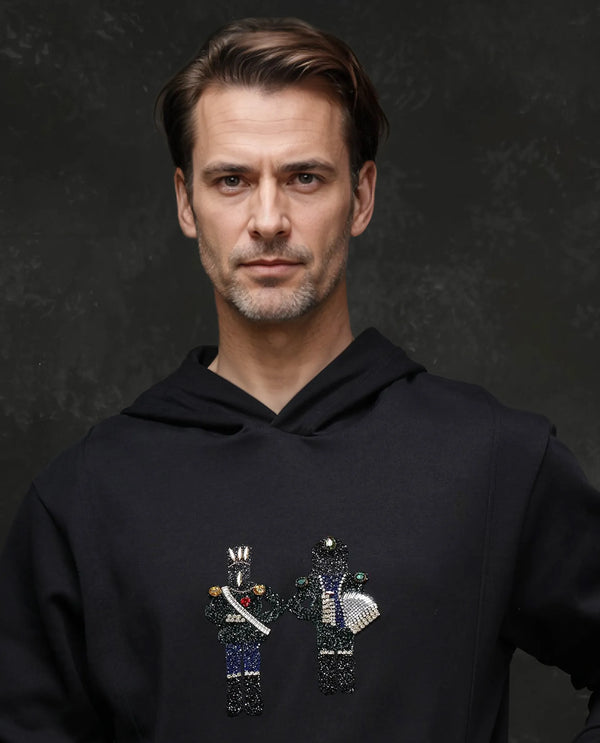 Rare Rabbit Men Eddy Black Cotton Blend Fabric Full Sleeve Crew Neck Gemstone Art Hooded Sweatshirt