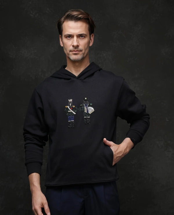 Rare Rabbit Men Eddy Black Cotton Blend Fabric Full Sleeve Crew Neck Gemstone Art Hooded Sweatshirt
