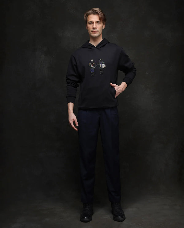 Rare Rabbit Men Eddy Black Cotton Blend Fabric Full Sleeve Crew Neck Gemstone Art Hooded Sweatshirt