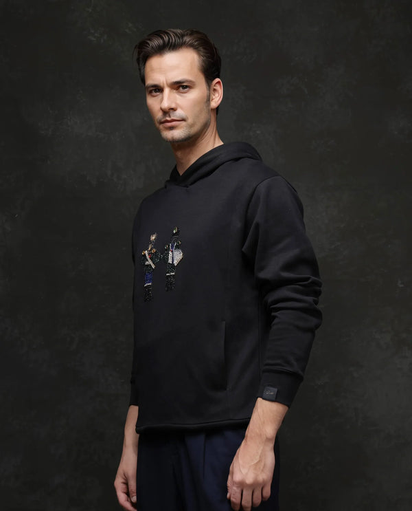 Rare Rabbit Men Eddy Black Cotton Blend Fabric Full Sleeve Crew Neck Gemstone Art Hooded Sweatshirt
