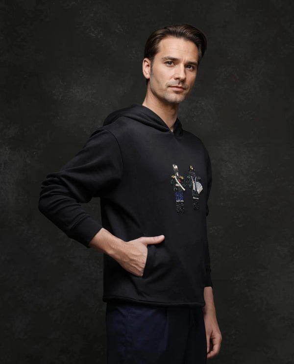 Rare Rabbit Men Eddy Black Cotton Blend Fabric Full Sleeve Crew Neck Gemstone Art Hooded Sweatshirt