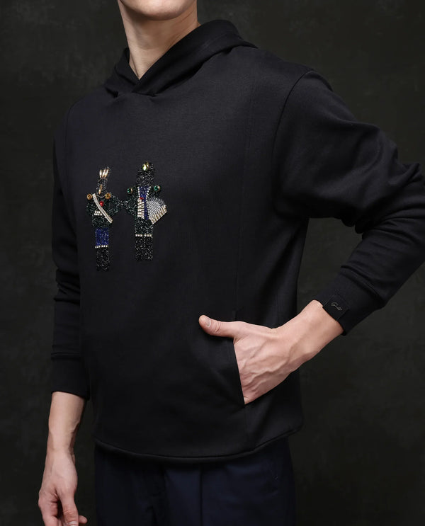 Rare Rabbit Men Eddy Black Cotton Blend Fabric Full Sleeve Crew Neck Gemstone Art Hooded Sweatshirt