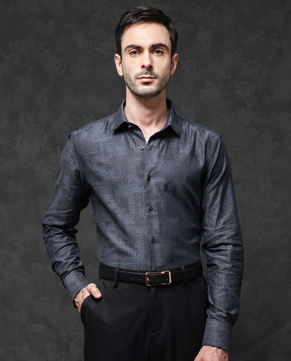 Rare Rabbit Mens Edgo Dusky Blue Cotton Fabric Full Sleeves Geometric Print Jacquard Shirt
