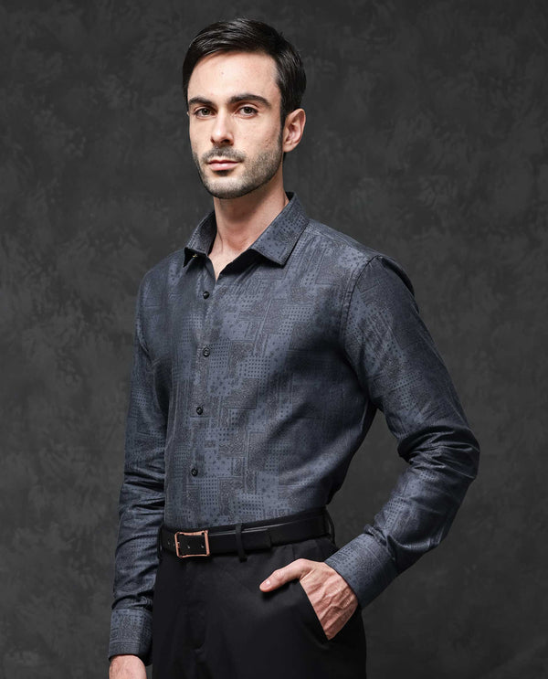 Rare Rabbit Mens Edgo Dusky Blue Cotton Fabric Full Sleeves Geometric Print Jacquard Shirt