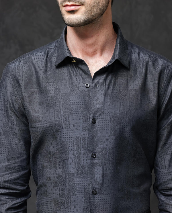 Rare Rabbit Mens Edgo Dusky Blue Cotton Fabric Full Sleeves Geometric Print Jacquard Shirt