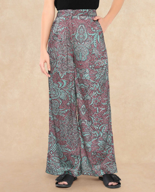 Rareism Women Edina Multi Satin Hook Closure Wide Fit Ankle Length Printed Trouser