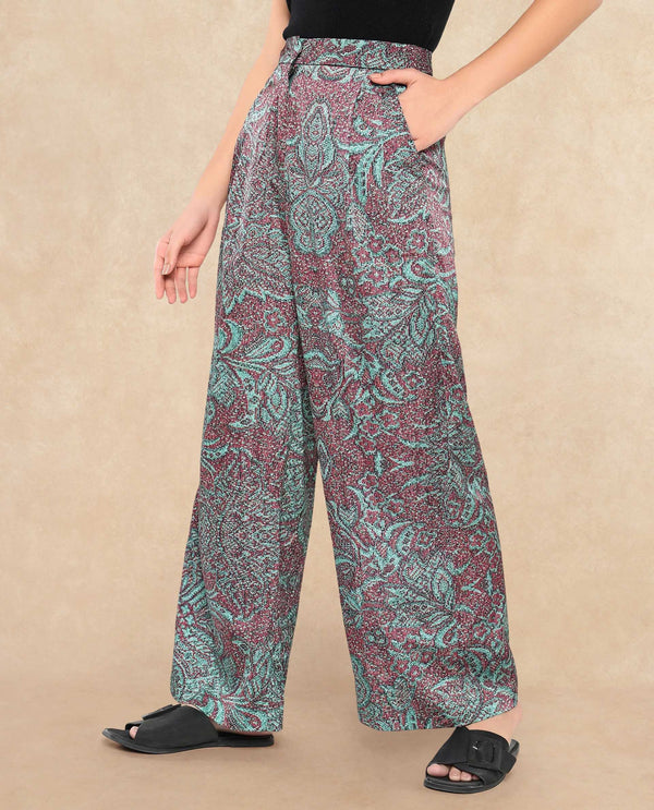 Rareism Women Edina Multi Satin Hook Closure Wide Fit Ankle Length Printed Trouser