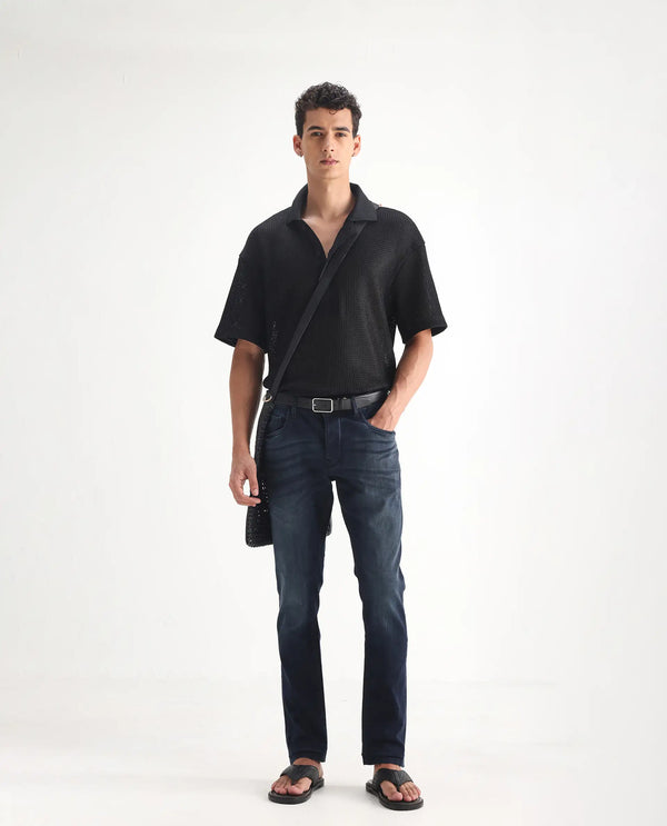 Rare Rabbit Men's Edin Dark Blue Mid-Rise Dark Wash Slim Fit Jeans