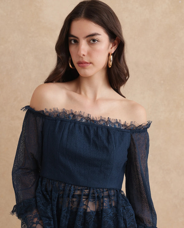 Rareism Women Balikesar Blue Flared Sleeve Off Shoulder Flared Plain Top