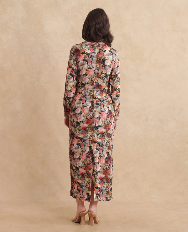 Rareism Women Winza Dark Red Viscose Fabric Full Sleeve Cowl Neck Zipper Closure Straight Fit Midi Floral Print Dress