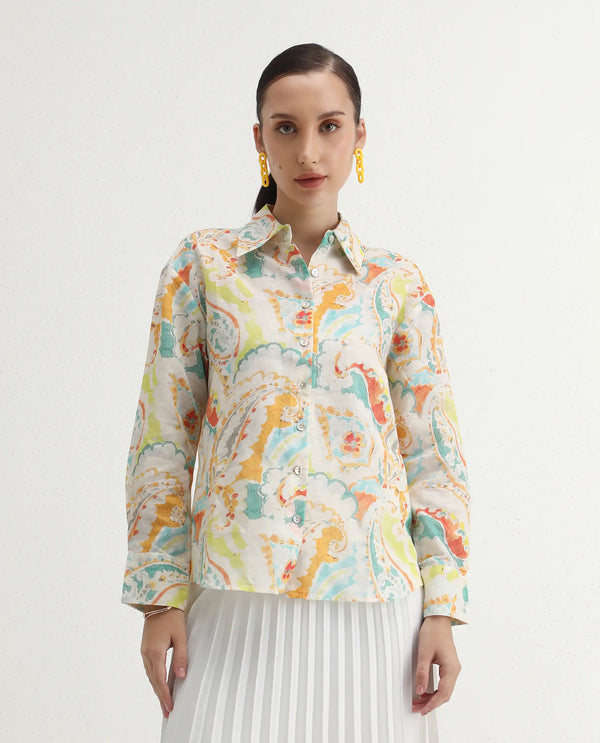 Rareism Women Egor Fluorescent Multi Cotton Fabric Full Sleeves Button Closure Collar Regular Fit Paisley Print Shirt