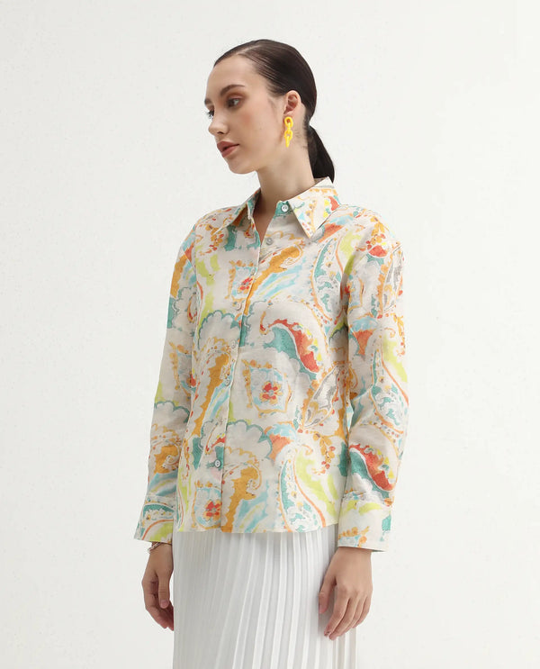 Rareism Women Egor Fluorescent Multi Cotton Fabric Full Sleeves Button Closure Collar Regular Fit Paisley Print Shirt