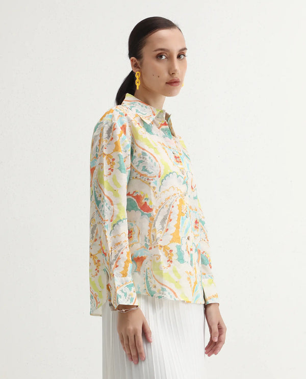 Rareism Women Egor Fluorescent Multi Cotton Fabric Full Sleeves Button Closure Collar Regular Fit Paisley Print Shirt