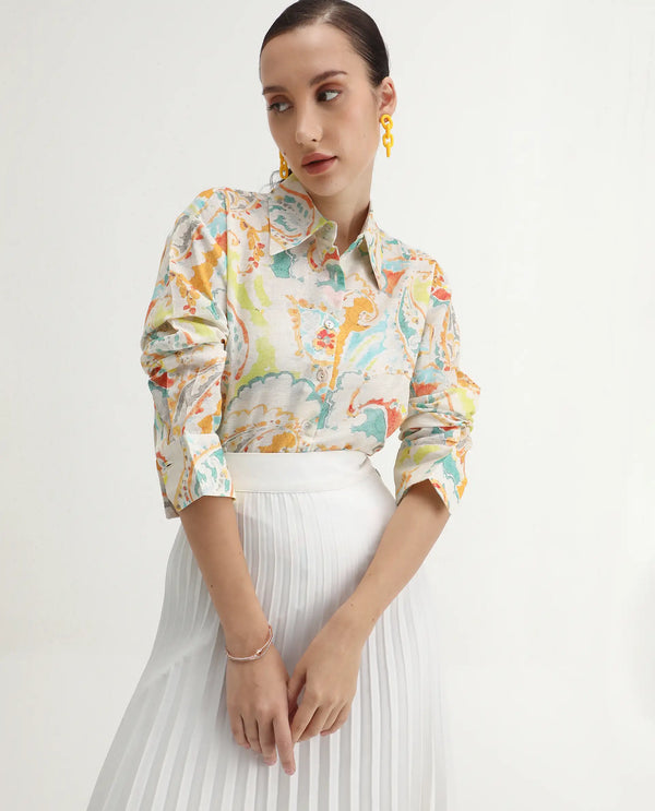 Rareism Women Egor Fluorescent Multi Cotton Fabric Full Sleeves Button Closure Collar Regular Fit Paisley Print Shirt