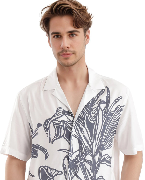 Rare Rabbit Men's Elan White Cotton Fabric Cuban Collared Floral Printed Boxy Fit Shirt