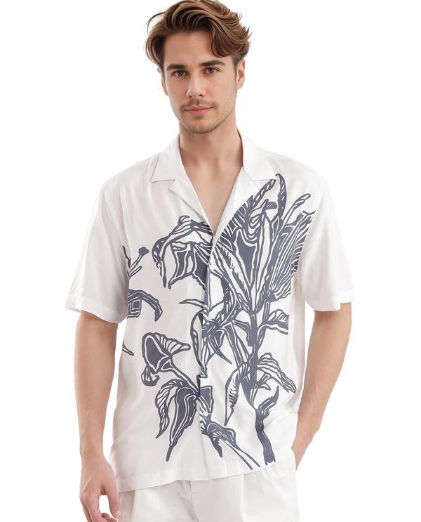 Rare Rabbit Men's Elan White Cotton Fabric Cuban Collared Floral Printed Boxy Fit Shirt
