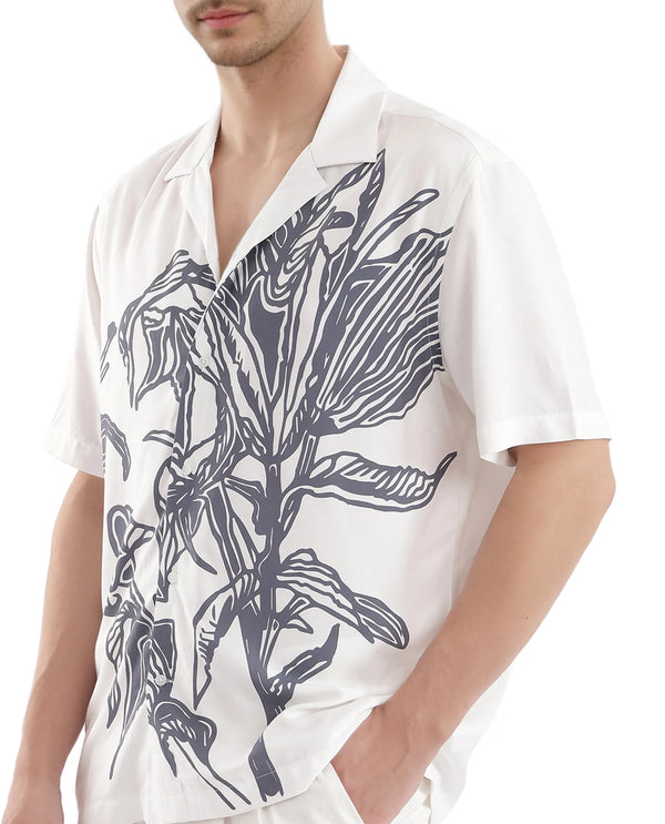 Rare Rabbit Men's Elan White Cotton Fabric Cuban Collared Floral Printed Boxy Fit Shirt