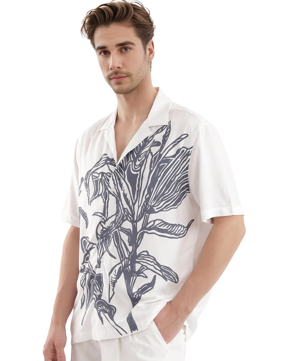 Rare Rabbit Men's Elan White Cotton Fabric Cuban Collared Floral Printed Boxy Fit Shirt