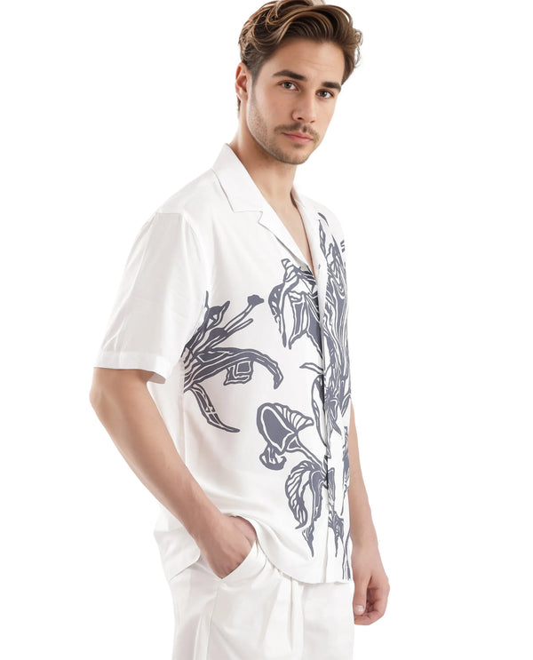 Rare Rabbit Men's Elan White Cotton Fabric Cuban Collared Floral Printed Boxy Fit Shirt