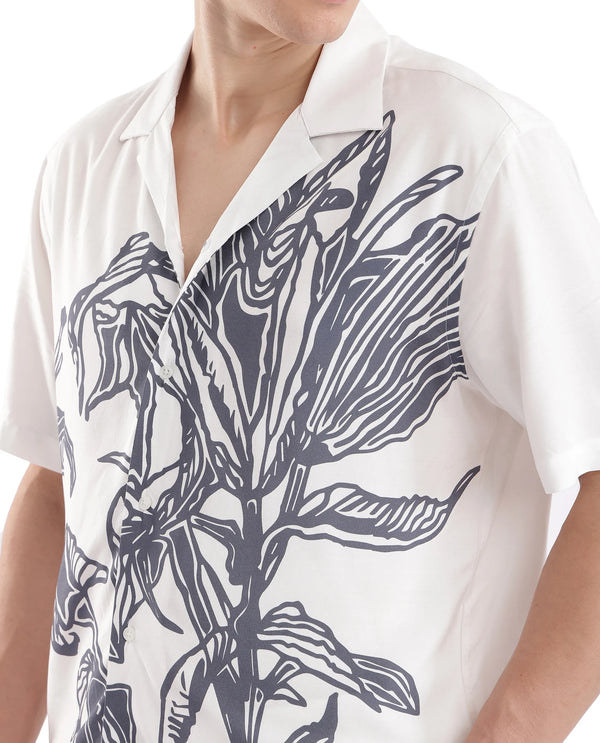 Rare Rabbit Men's Elan White Cotton Fabric Cuban Collared Floral Printed Boxy Fit Shirt