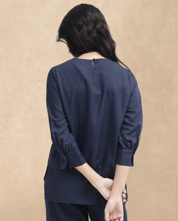 Rareism Women Elara-SC Navy Polyester Fabric Full Sleeve Round Neck Solid Regular Fit Top