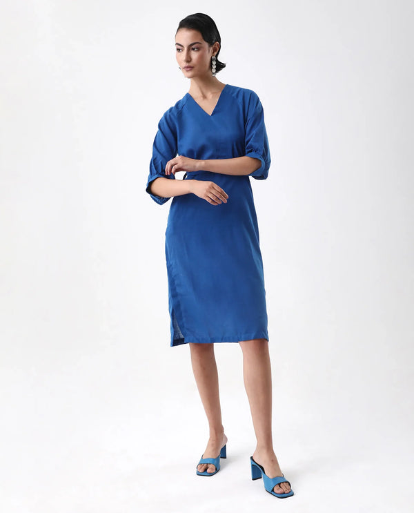 Rareism Women's Elarat Dark Blue  V-Neck  Bishop Sleeve Plain A-Line Midi Dress
