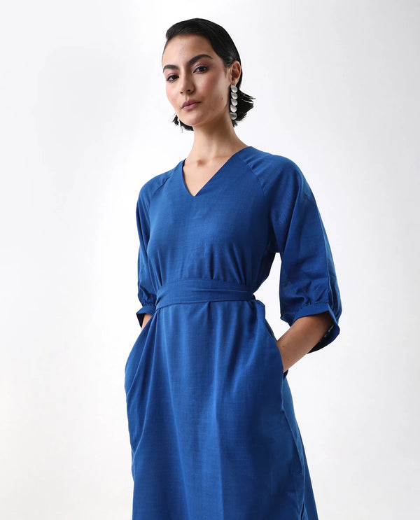 Rareism Women's Elarat Dark Blue  V-Neck  Bishop Sleeve Plain A-Line Midi Dress