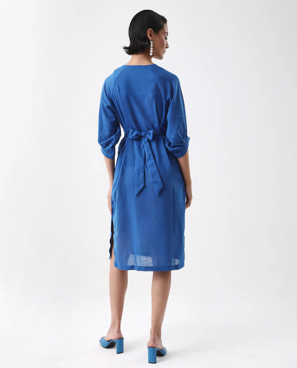 Rareism Women's Elarat Dark Blue  V-Neck  Bishop Sleeve Plain A-Line Midi Dress