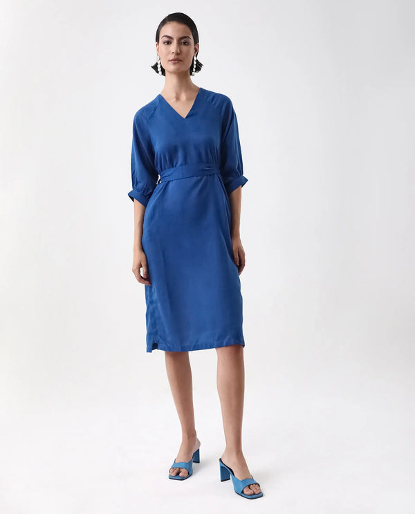 Rareism Women's Elarat Dark Blue  V-Neck  Bishop Sleeve Plain A-Line Midi Dress
