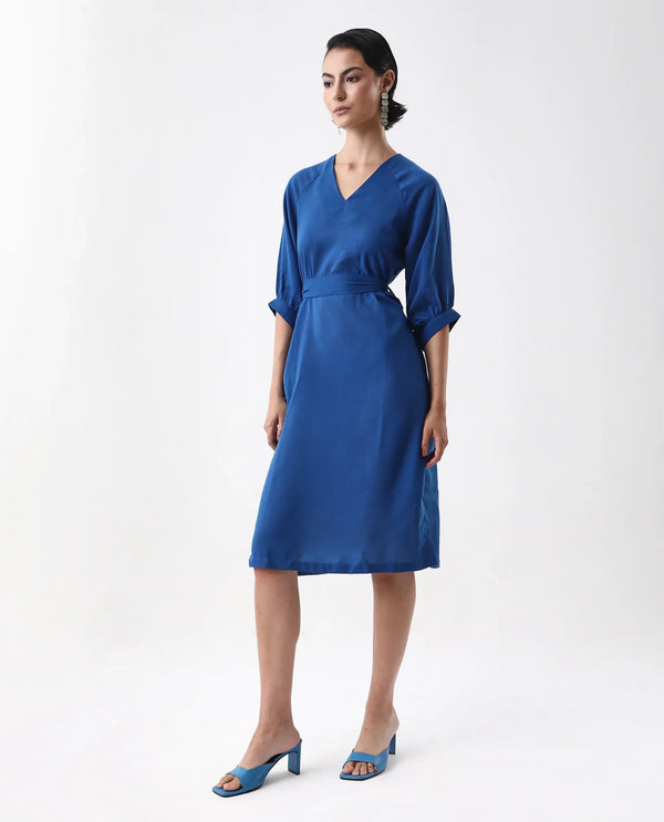 Rareism Women's Elarat Dark Blue  V-Neck  Bishop Sleeve Plain A-Line Midi Dress