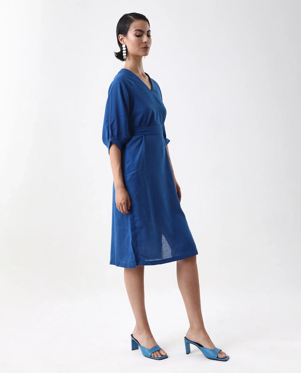 Rareism Women's Elarat Dark Blue  V-Neck  Bishop Sleeve Plain A-Line Midi Dress
