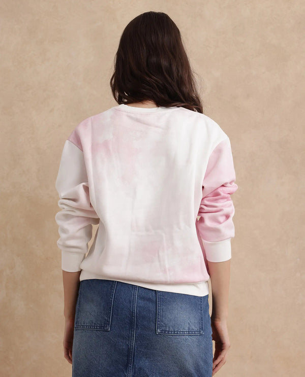 Rareism Women Elvis Off White Cotton Blend Fabric Full Sleeve Crew Neck Relaxed Fit Ombre Sweatshirt