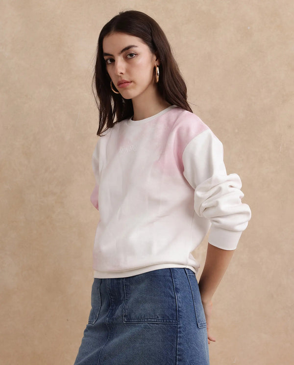 Rareism Women Elvis Off White Cotton Blend Fabric Full Sleeve Crew Neck Relaxed Fit Ombre Sweatshirt