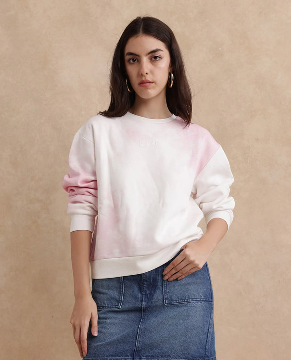 Rareism Women Elvis Off White Cotton Blend Fabric Full Sleeve Crew Neck Relaxed Fit Ombre Sweatshirt