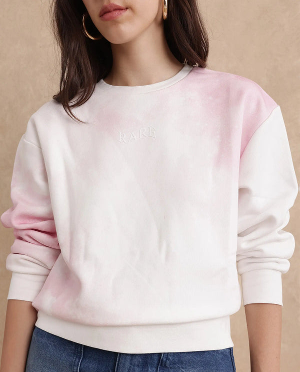 Rareism Women Elvis Off White Cotton Blend Fabric Full Sleeve Crew Neck Relaxed Fit Ombre Sweatshirt