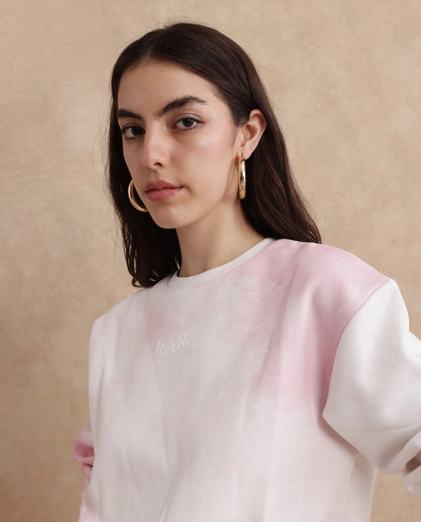 Rareism Women Elvis Off White Cotton Blend Fabric Full Sleeve Crew Neck Relaxed Fit Ombre Sweatshirt