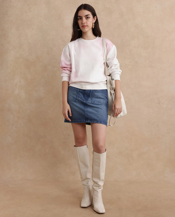 Rareism Women Elvis Off White Cotton Blend Fabric Full Sleeve Crew Neck Relaxed Fit Ombre Sweatshirt