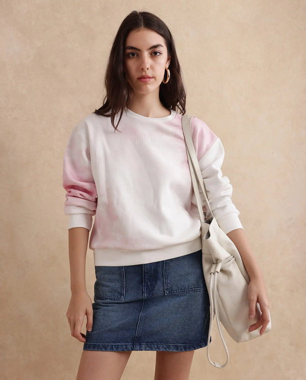 Rareism Women Elvis Off White Cotton Blend Fabric Full Sleeve Crew Neck Relaxed Fit Ombre Sweatshirt