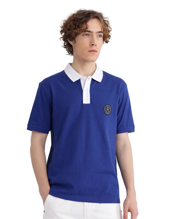 Rare Rabbit Men Eldon Blue Cotton Fabric Contrast Collared Regular Fit Plain Polo