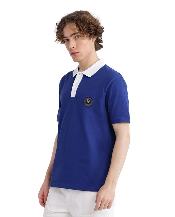Rare Rabbit Men Eldon Blue Cotton Fabric Contrast Collared Regular Fit Plain Polo
