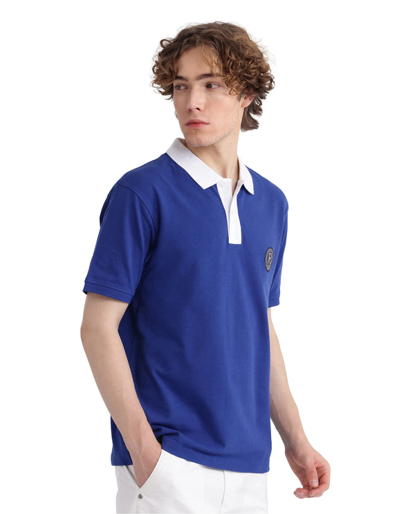 Rare Rabbit Men Eldon Blue Cotton Fabric Contrast Collared Regular Fit Plain Polo