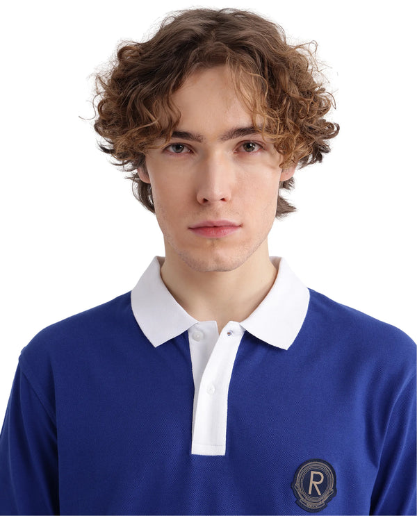 Rare Rabbit Men Eldon Blue Cotton Fabric Contrast Collared Regular Fit Plain Polo