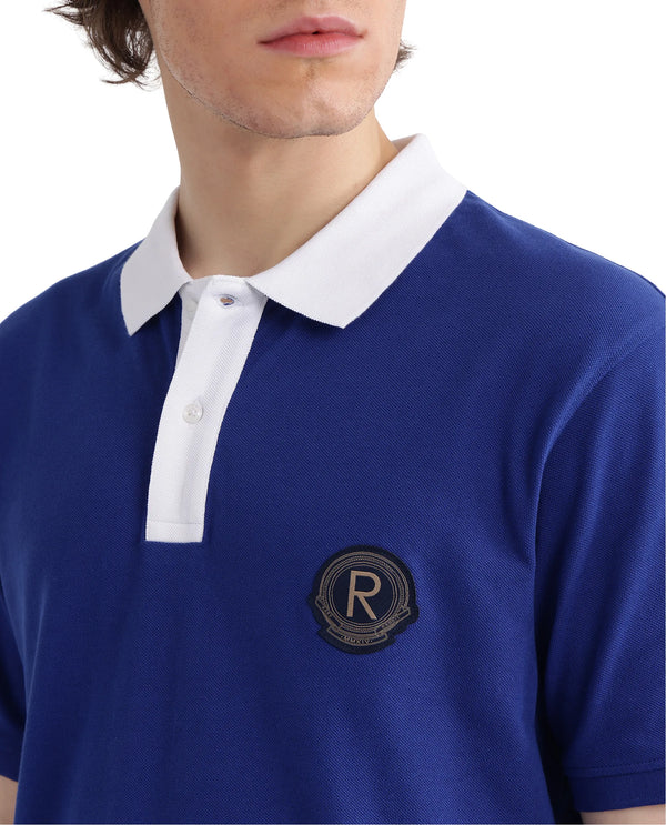 Rare Rabbit Men Eldon Blue Cotton Fabric Contrast Collared Regular Fit Plain Polo
