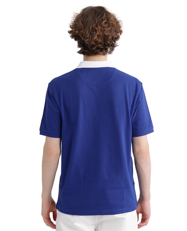 Rare Rabbit Men Eldon Blue Cotton Fabric Contrast Collared Regular Fit Plain Polo