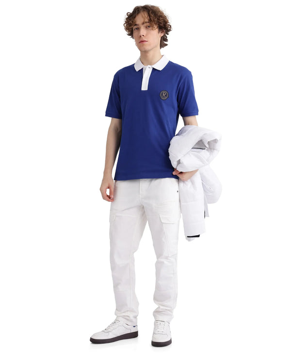 Rare Rabbit Men Eldon Blue Cotton Fabric Contrast Collared Regular Fit Plain Polo